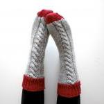 Knitted Bed Socks, 100% Merino Wool Grey And Red -..
