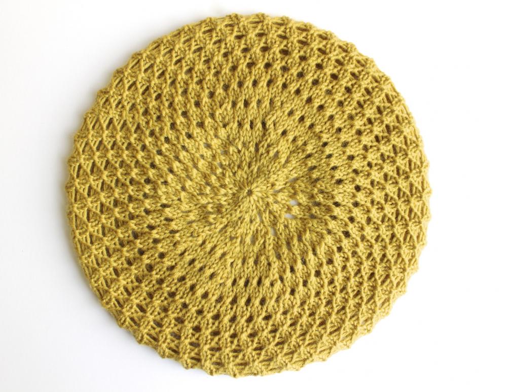 Beret Hat Knitted In Chartreuse Mustard, Honeycomb Texture