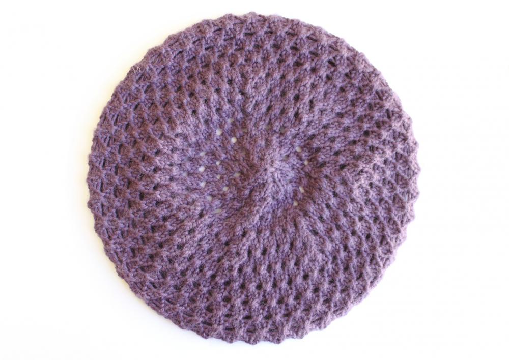 Beret Knitted In Lavender, Blackberry Texture: Ready To Ship