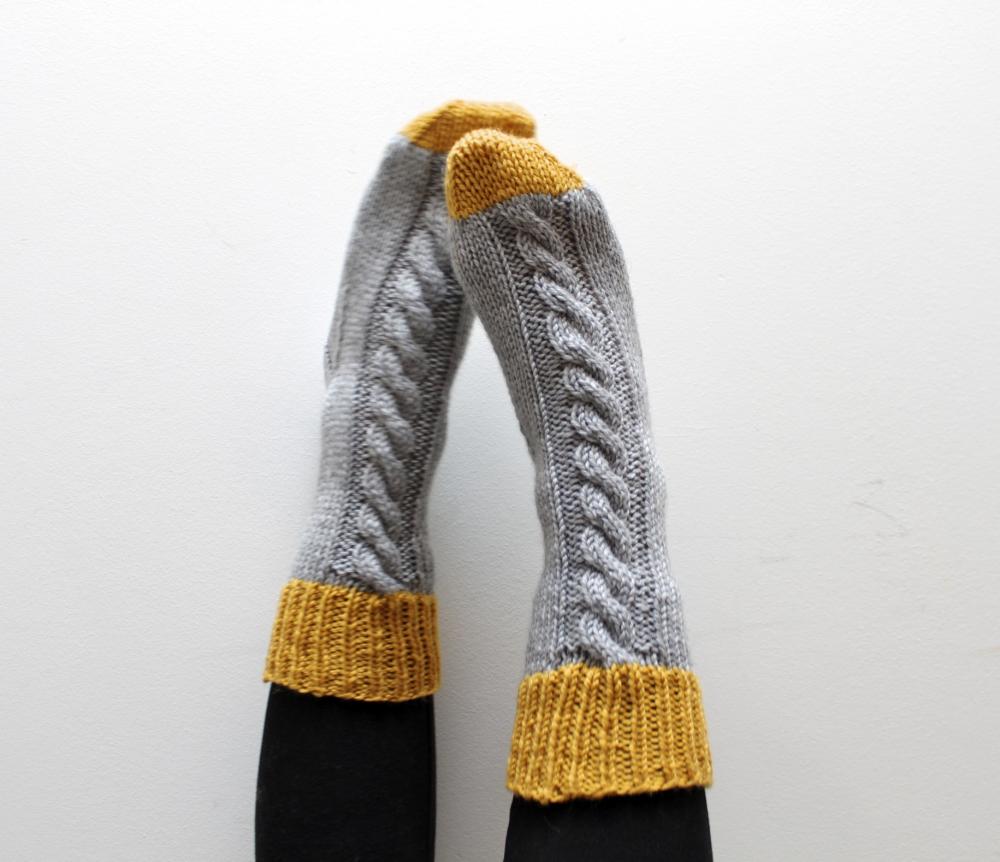 Knitted Bed Socks, 100% Merino Wool Mustard And Grey