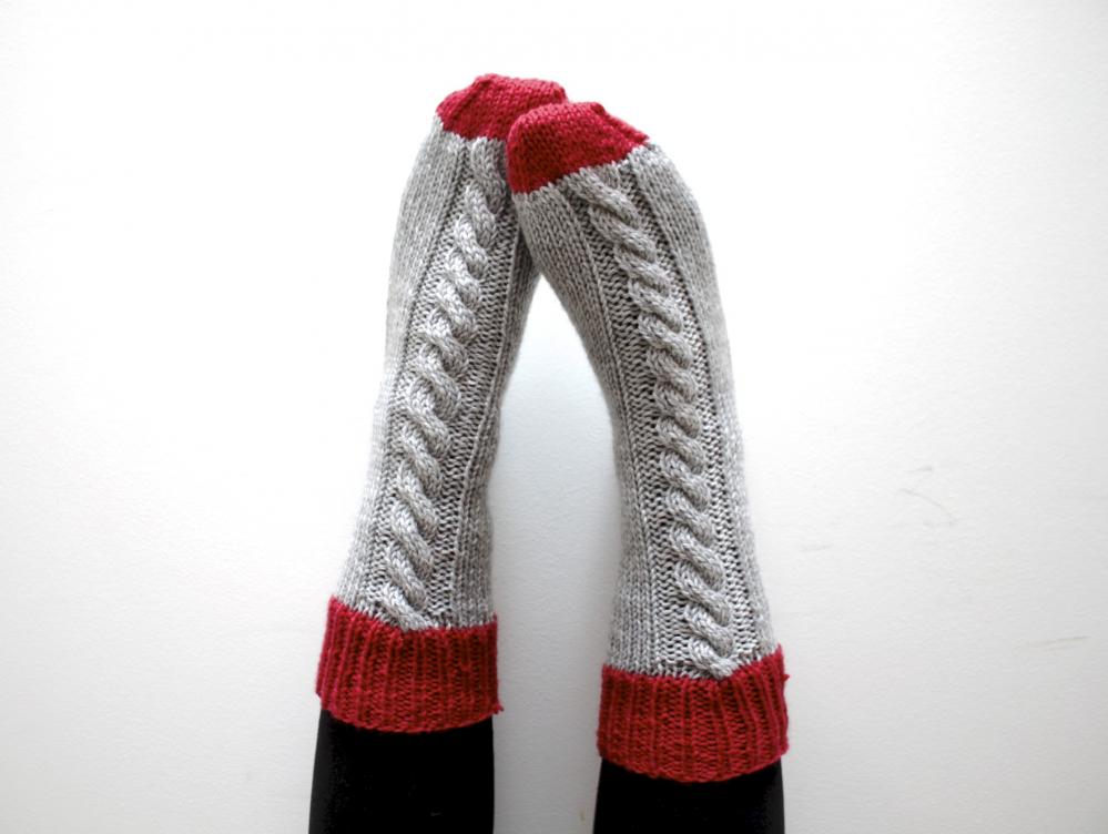Knitted Bed Socks, 100% Merino Wool Grey And Red - Ready To Ship
